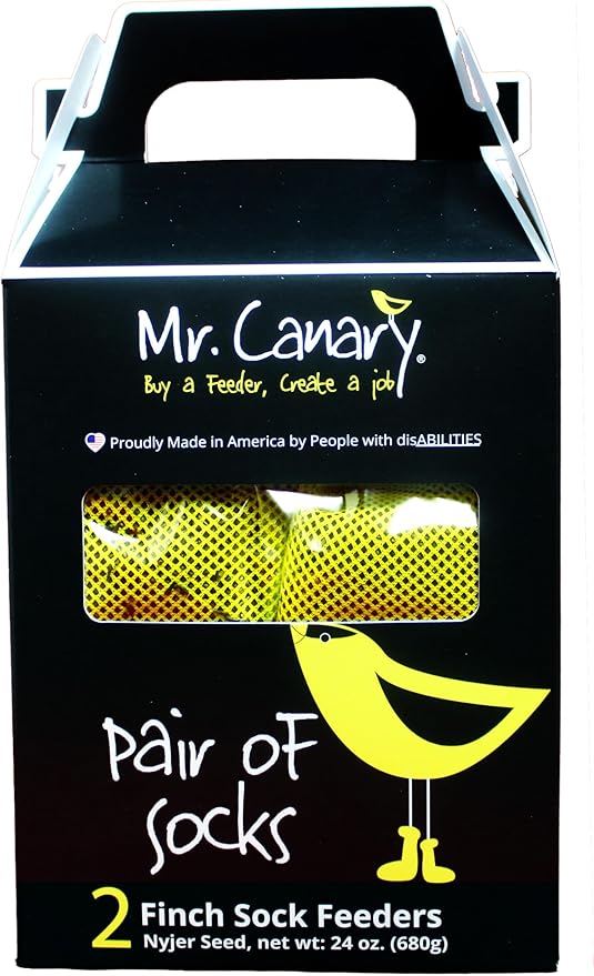 Mr. Canary Yellow 'Pair of Socks' Finch Sock Feeders, 2pk, Seed-Filled All-Season Feeders, 24oz Total