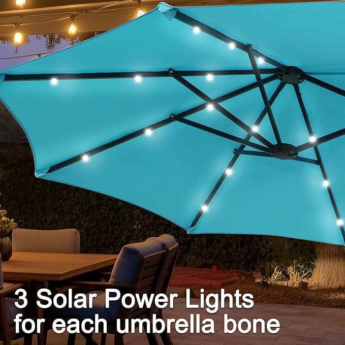 13 ft Patio Umbrella with 36 LED Lights, Large Rectangle Outdoor Solar Umbrella with Strap, Crank, Blue