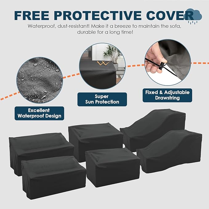 Patio Furniture Set, 8 Pieces Outdoor Sectional Sofa Conversation Sets with Waterproof Cover Modern Wicker Seating Set, 4'' Thickened Cushions 1 Glass Coffee Table 2 Armless Sofas, Navy Blue