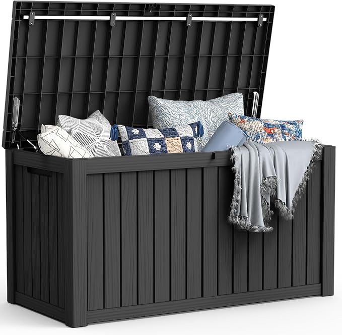 Mars Villa 150 Gallon Outdoor Storage Box, Large Resin Deck Box Waterproof, for Pool Supply Storage, Outdoor Patio Furniture Cushion, with Hydraulic Hinge, UV-Resistant and Weatherproof, Black