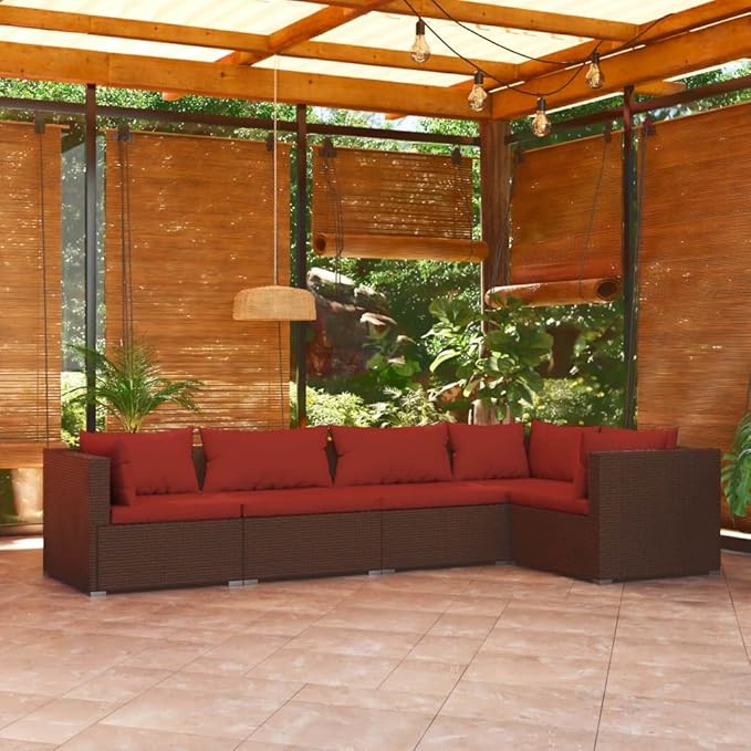 5 Piece Patio Lounge Set with Cushion, Furniture Conversation Sets Outdoor Patio Sectional Patio Lounge Set Piece Patio Set s Poly Rattan Brown