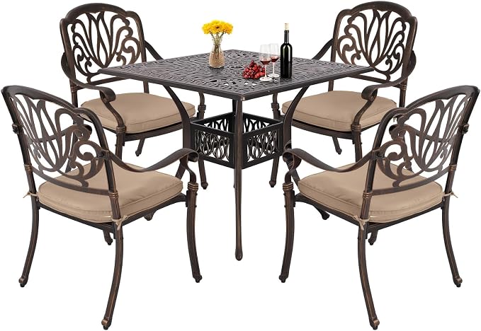 Grepatio 5 Piece Cast Aluminum Patio Dining Set Outdoor Furniture Set Patio Garden Set with 4 Ding Chairs, 4 Cushions and 35.4" Square Patio Table 2.4" Umbrella Hole, Antique Bronze (Khaki)