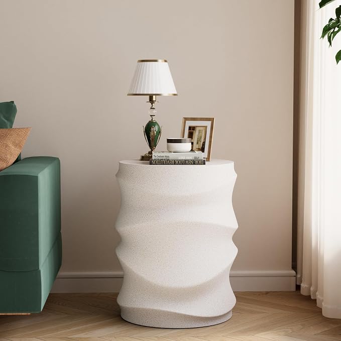 COSIEST Outdoor Side Table, 18''H Concrete Side Table for Patio, Streamlined Lightweight Accent Table, Decorative Patio Garden Stools, Plant Stand Drum Table, Round, Spotted White