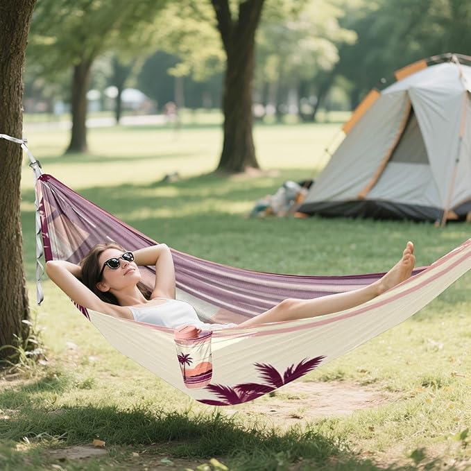 Sunset Palm Scene Outdoor Hammock with Tree Straps for Outside Patio Garden