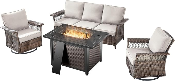 Patio Furniture Set with Fire Pit Table, 4PCS Patio Conversation Set Brown Resin Wicker Swivel Patio Chair and Sofa with 43in Rectangular Iron Fire Table PE Rattan Furniture Set