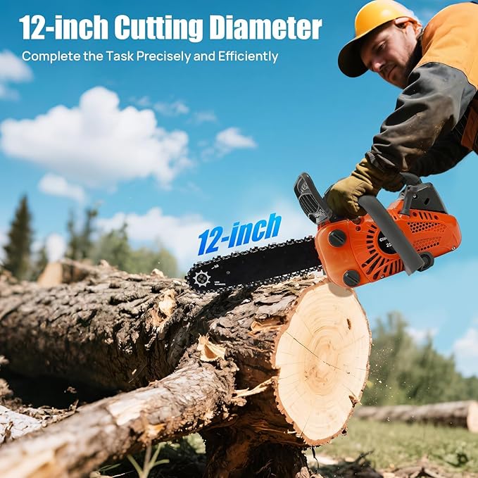 12 Inch Gas Chainsaw 25.4cc 2-Stroke Handheld Cordless Chain Saw Gas Powered 900W Portable Top Handle Chainsaw with Quick Start for Tree Wood Cutting, Sack Sawing, Green Pruning