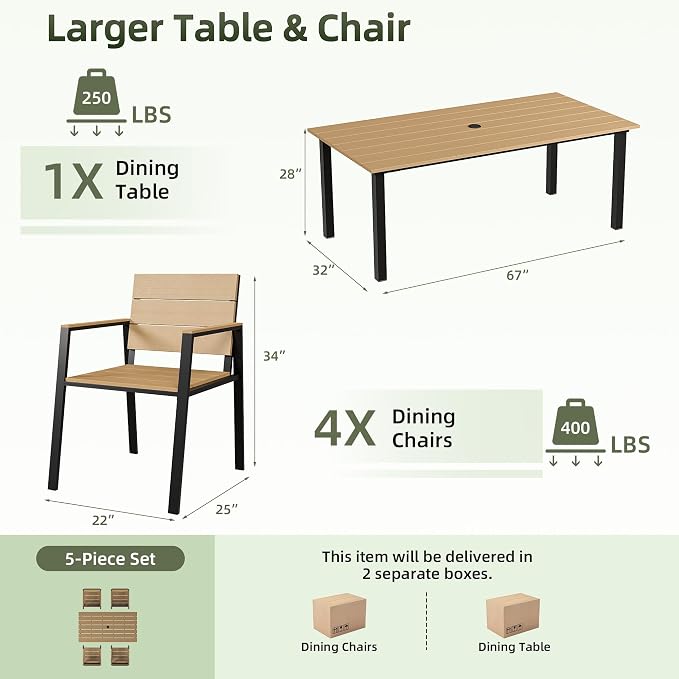 Outdoor Table and Chairs for 4 Aluminum Patio Dining Set with Umbrella Hole | All Weather,HDPS Material,Oversized,5 Piece,for Backyard,Rot-Fade-Crack Proof,Maintenance-Free,Sturdy,Heavy-Duty,Chocolate