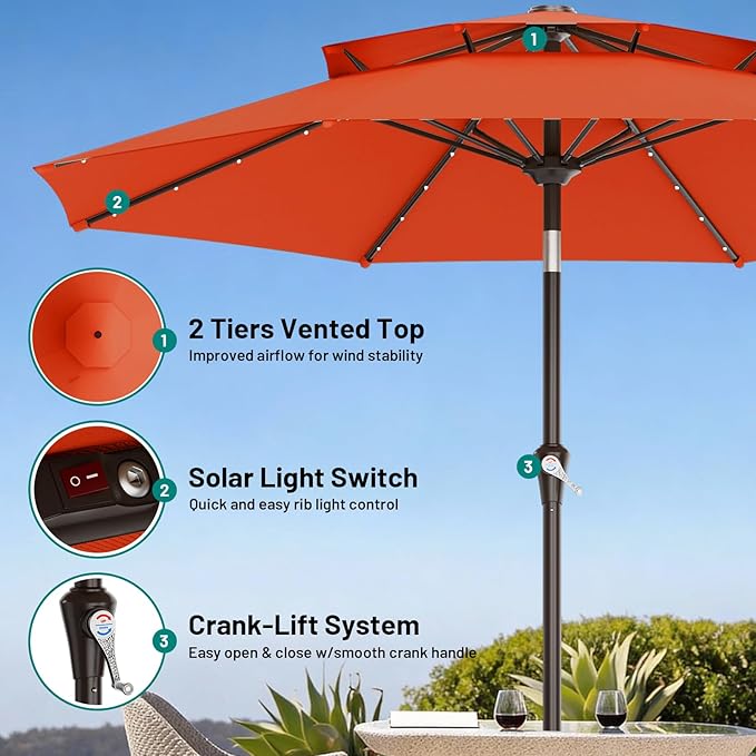 AreShark 9ft 2 Tiers Patio Umbrella with Solar Lights, Outdoor Umbrella w/ 32 LED Lights&8 Sturdy Ribs, Table Umbrella for Deck, Backyard, Pool(Orange)