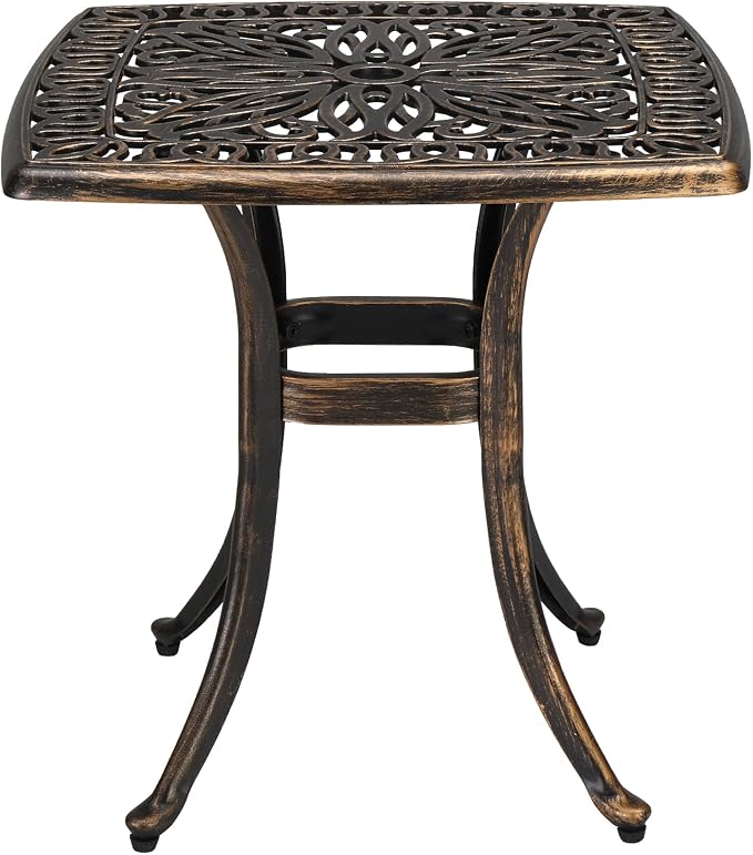 Patio Side Table,21.3” Outdoor Side Table, Cast Aluminum All-Weather Patio Side Table Small Outdoor Table Bistro Table with Umbrella Hole and Antique Design for Outside, Porch, Balcony, Patio, Bronze