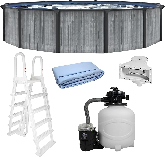 Blue Wave San Pedro 15-ft Round 52-in Deep Hard Sided Steel Frame Above Ground Pool with 6-in Steel Top Seats, 0.5 HP Sand Filter System, Ladder, Skimmer & Liner – 5,130-Gallon Capacity for Family Use