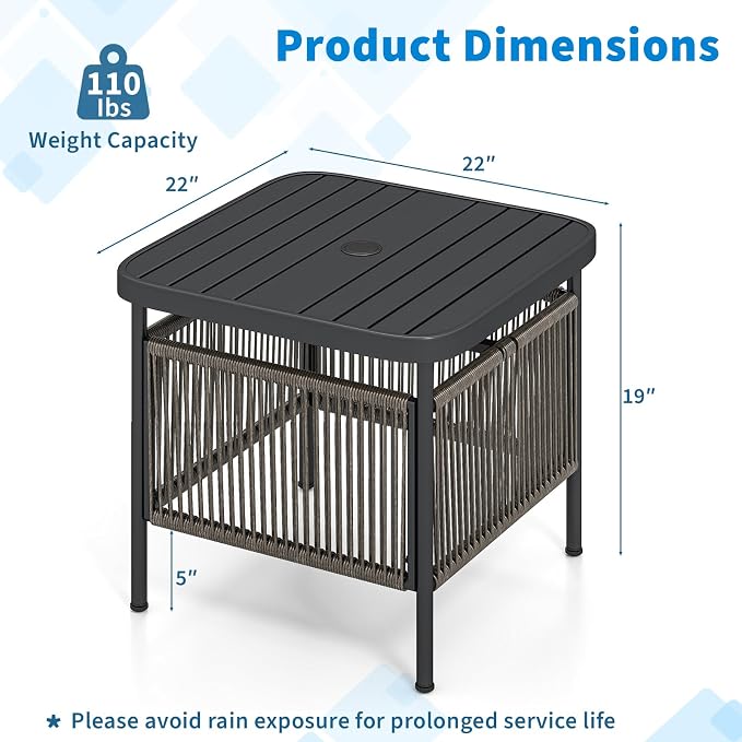 Tangkula Outdoor PE Rattan Side Table with 1.57” Umbrella Hole, Square Patio End Table with Metal Frame, Small Bistro Coffee Table for Porch, Balcony, Garden and Backyard (2)