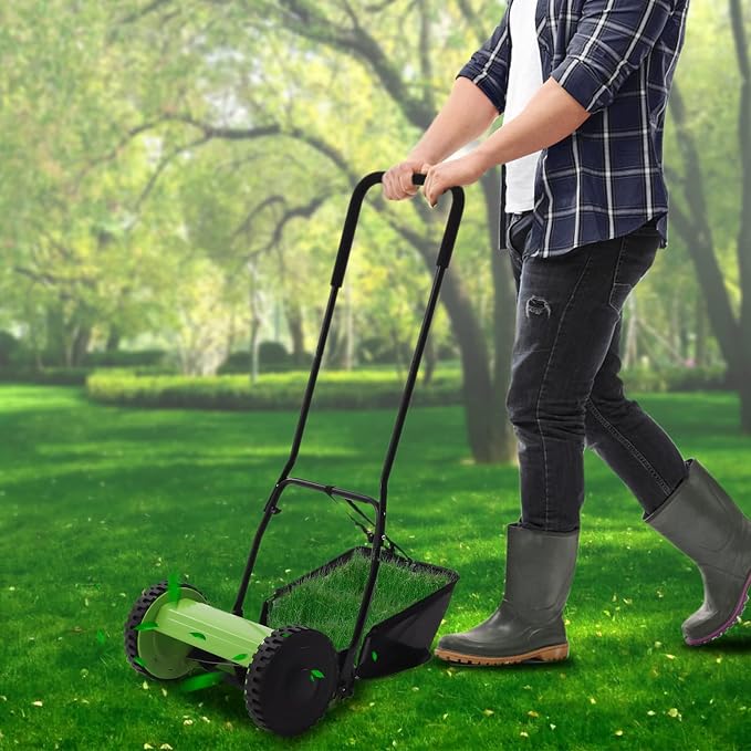 5 Steel Blades About 6 Gallons Large Capacity Manual Push Mower, Dual Wheel Lawn Mower Hand-Powered Clipper Walk-Behind Trimmer with Adjustable Height for Garden Yard Lawn Care