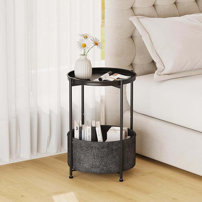 Garden 4 you Small Side Table, Mini Round End Table, Black Tray Table with Fabric Storage Basket, Modern Nightstand for Living Room, Bedroom, Patio, Small Space, 2pcs