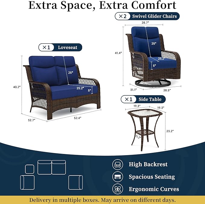 PIZZELLO 4 Pieces Patio Furniture Set w/ 5" Cushions and 25" Full Support Back, Outdoor Loveseat Couch, Swivel Rocker Patio Chairs and Side Table, Wicker Sectional Conversation Set for Backyard