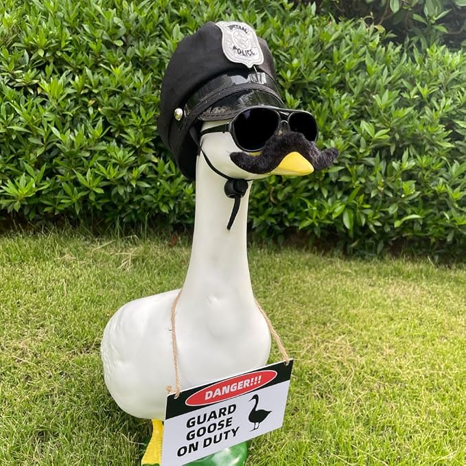 9pcs Goose Outfit,Porch Goose Outfits,Lawn Goose Statue Costume for 17"/23" Cement Patio Garden Outdoor Statue Decor,Police Hat Eyeglasses PVC Sign Danger Guard Goose on Duty (Police)