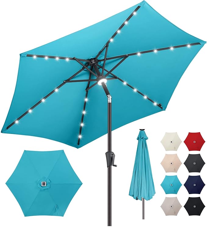 7.5ft Solar Umbrella Outdoor - Lighted Solar Patio Umbrella with 24 LED Lights Waterproof UV Protection, Table Umbrella with Tilt for Pool, Porch, Garden, Deck, Backyard (Aqua Blue)