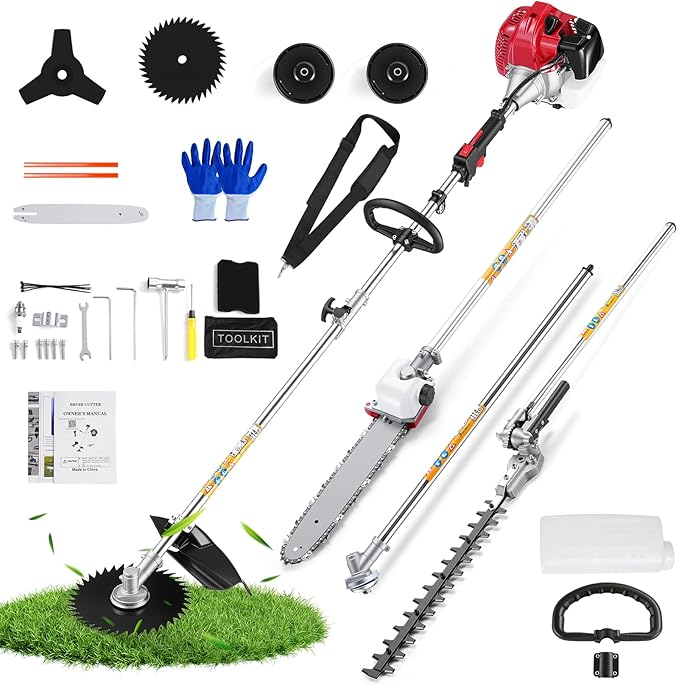 6-in-1 Gas Powered Multi-Functional Garden Tool, 58CC 2-Cycle String Trimmer & Weed Wacker, Includes Pole Saw, Hedge Trimmer and Brush Cutter for Clearing, Pruning & Professional Lawn Maintenance