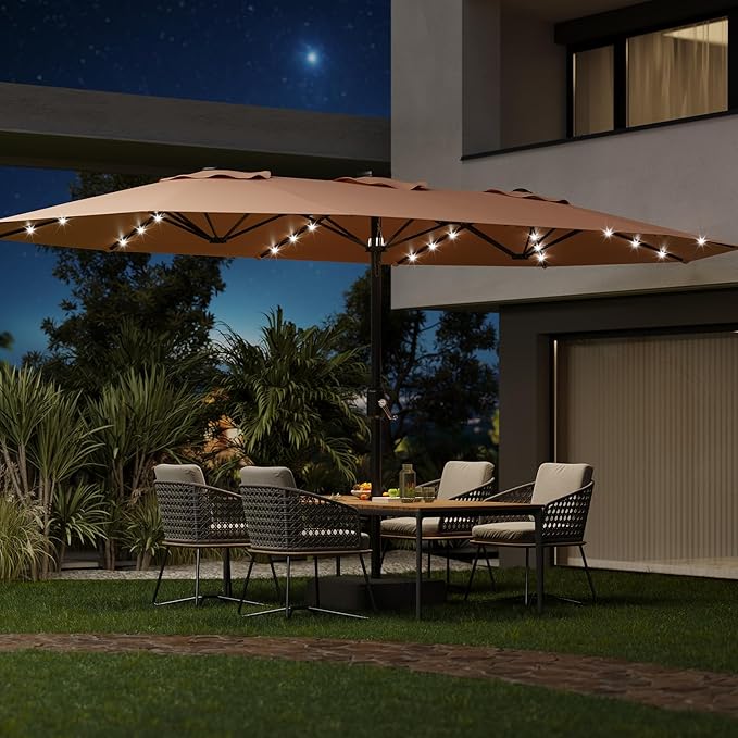 15FT Outdoor Double-Sided Umbrella With Solar Lights, Large Rectangle Patio Market Umbrella, 36 PCS LED Lights, Suitable for Poolside Lawn Backyard, Base Included