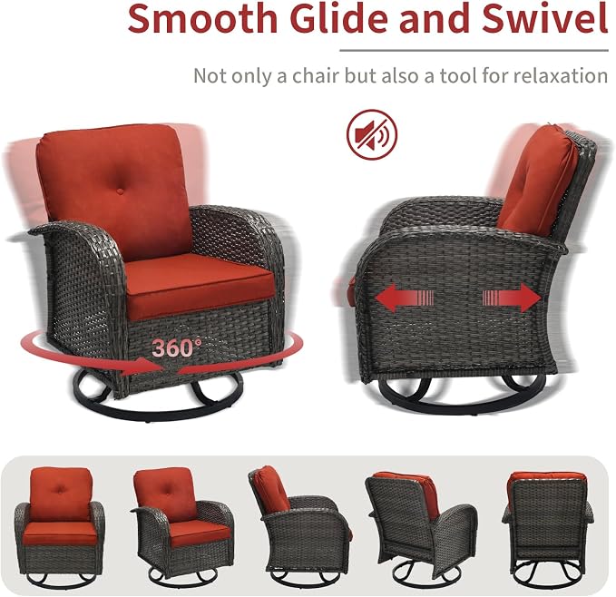 3 Piece Outdoor Swivel Rocker Patio Chairs, All-Weather Rattan Chair, Wicker Glider Patio Furniture Set with Side Table, for Garden, Backyard, Deck, Gray Rattan & Red Cushions