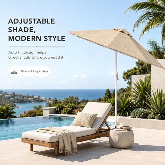 Treasure Garden 9ft Patio Umbrella - Outdoor Furniture Market Umbrella – Deluxe Auto-Tilt – White Aluminum Frame (Sunbrella, Heather Beige)