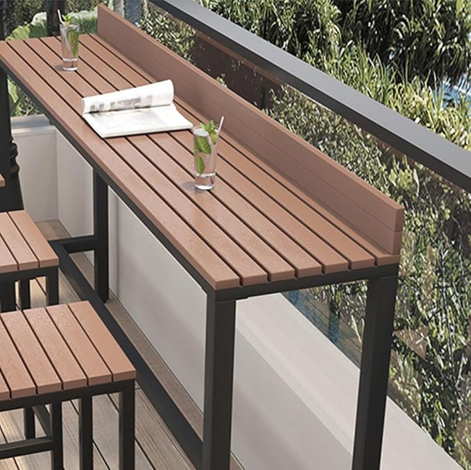 Outdoor Bar Table, Patio Pub Height Table with Anti-Fall Baffle, All-Weather Bar Height Counter Table, Narrow Dining Table for Hot Tub, Garden & Backyard(Color:Black+Wood,Size:L-62.9in)