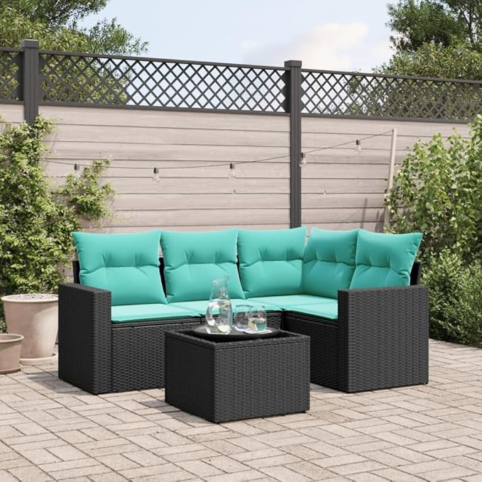 vidaXL Patio Sofa Set with Cushions 5 Piece, Outdoor Sectional Sofa, Conversation Set for Balcony Garden, Patio Furniture, Black Poly Rattan