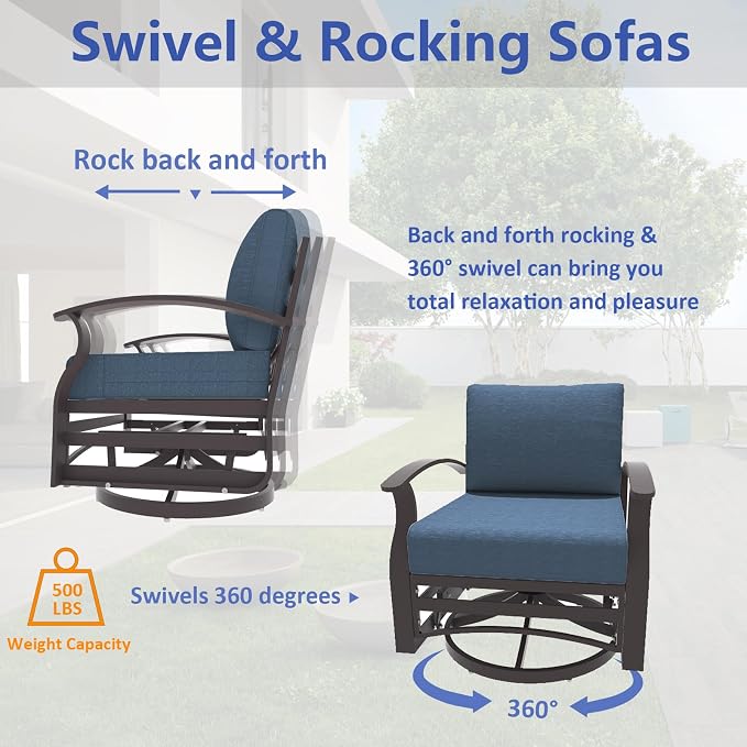 ALAULM 3 Piece Aluminum Outdoor Swivel Chairs High Back Metal Swivel Rocking Chairs with 5.1" Sponge Cushions &1 Coffee Table for Patio, Porch, Backyards, Garden(DarkBlue)