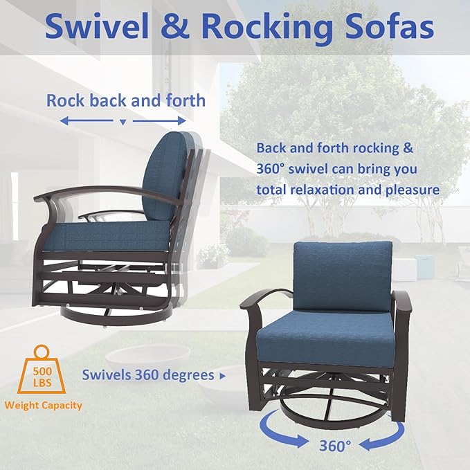 ALAULM Aluminum Patio Furniture Set with Propane Fire Pit Table Metal Outdoor Furniture w/Fire Pit Patio Conversation Sets w/5.1" Cushions and 7 Seats for Patio,Backyard,Poolside-Dark Blue