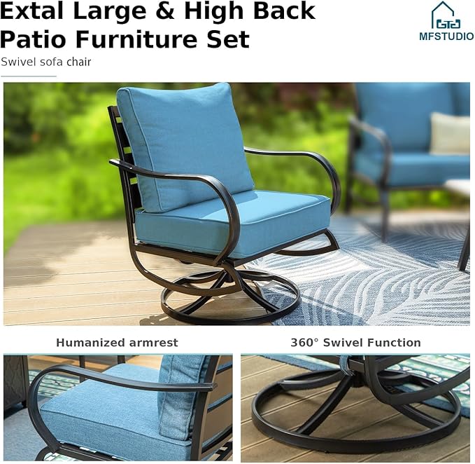 MFSTUDIO 5 Pieces Patio Conversation Sets,Outdoor Metal Furniture Sofas with 1 x 3-Seat Sofa, 2 x Swivel Chairs,2 x Ottoman,Wrought Iron Frame with Navy Cushion for Patio Courtyard Balcony
