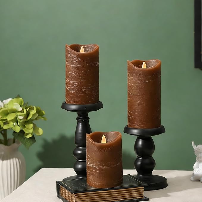 Real Wax Flameless Candles Set of 3 (D 3" x H 4" 5" 6") Battery Operated LED Candle with Timer Home Decorative Pillar Flickering Lights,Wedding Party Events Decor,Brown