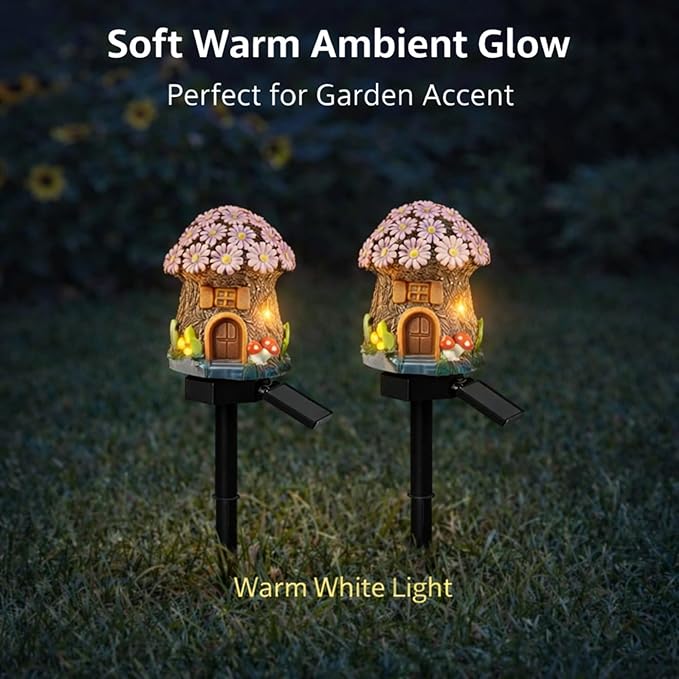 Solar Garden Lights Outdoor, 2 Pack Decorative Solar Flower Cottage Pathway Lights Waterproof, Resin Fairy Garden Lights for Yard Lawn Patio Decor