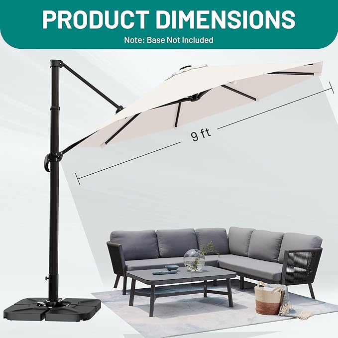 AreShark 11FT Round Cantilever Patio Umbrella with Base Included, 360° Rotation Offset Outdoor Umbrella, 5 Tilt Settings Heavy Duty Hanging Parasol for Deck Garden Pool, Cream White