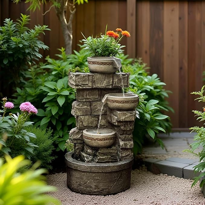 Cheng Pin 3 Tiers Water Fountain Outdoor - 28 Inch Tall Cascading Bowls and Stacked Stones Design, Create Relaxing Waterfall Flow Water Feature for Your Garden, Bird Good Rest Stop for Outside