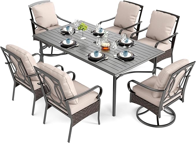 SUNSHINE VALLEY 7 Piece Patio Dining Set for 6, Outdoor Table and Chairs with Cushioned Wicker Swivel & Leg Patio Chairs & Black Dining Table (1.57-1.9”Umbrella Hole), Outdoor Dining Sets for Backyard