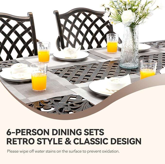 7 Piece Outdoor Dining Set Cast Aluminum Furniture Set，Retro Patio Dining Set for 6 Includes 59” Table and 6 Swivel Chairs with Cushions and 2" Umbrella Hole for Patio Deck Garden Poolside