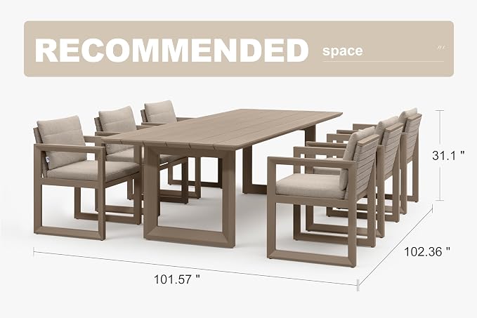 PURPLE LEAF 7-piece Outdoor Dining Set Aluminum Luxury Patio Furniture Table and Chairs Set with Removable Thick Cushion Rectangular Patio Dining Sets for Small Backyard Garden Porch Deck, Khaki
