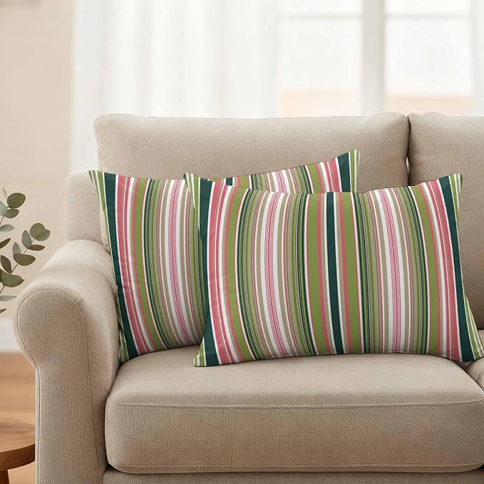 Outdoor Waterproof Throw Pillow Covers Set of 2 Sage Green Striped Lumbar Pillowcases 20x12 Inches Geometric Pink Stripes Decorative Pillows Cushion Case Patio Pillows for Couch Bed Chair Garden