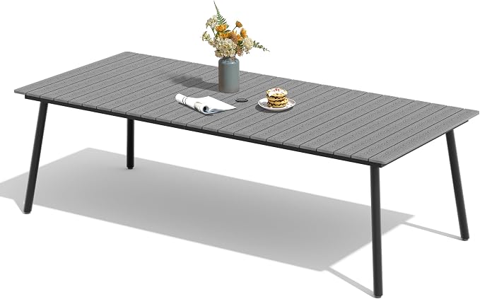 95" Patio Outdoor Dining Table for 8-10, Weather-Resistant Wood-Grain Top with Aluminum Frame & Umbrella Hole for Deck Gatherings, Grey