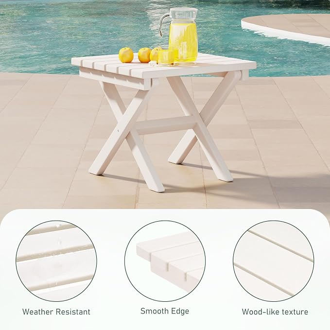 Furnimart 18" Square Foldable Side Table for Outdoor & Camping, Extra-Thick HDPE Weather-Resistant Small Coffee Table, Portable White Outdoor End Table for Balcony Poolside Space Saving(White)