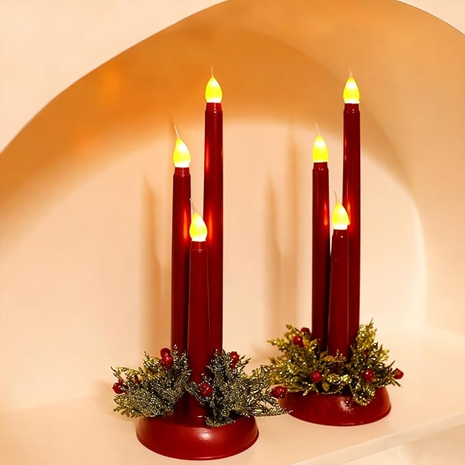 Flameless Taper Candles LED Candlesticks Battery Operated 3D Flicker Fake Candle for Xmas Wedding Fireplace Holiday Party Decor (Red)