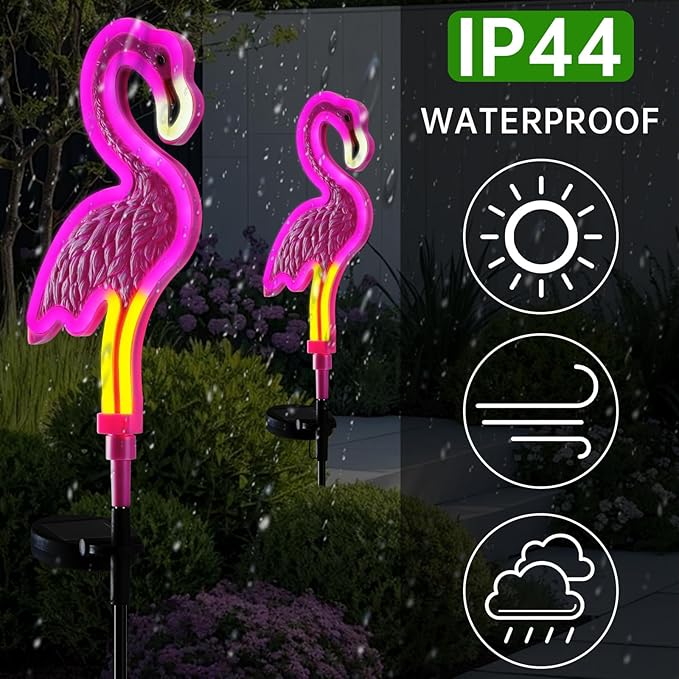 Solar Flamingo Lights,Pink Neon Flamingo Solar Lights,Outdoor Garden Decor,Gift for dad,Housewarming Gift,Decorative Outdoor Light for Yard (2 Pack)