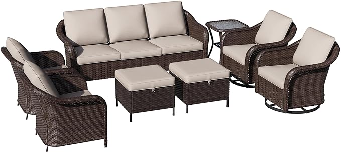 8 Piece Patio Wicker Conversation Set, All-Weather Use Outdoor Wicker Sofa with 2 PE Rattan Ottomans,2 Chair, 2 Swivel Chair, 1 Side Table, Ideal for Porch, Backyard, Balcony, Poolside, Beige