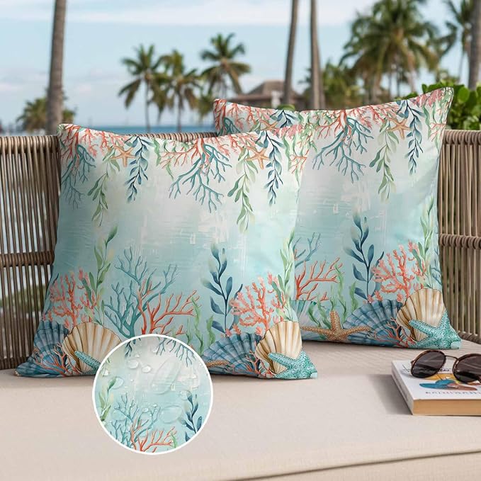 Throw Pillow Covers 20x20 Inch Set of 2, Ocean Starfish Seaweed Waterproof Outdoor Pillow Covers, Summer Coastal Beach Shell Coral Teal Decorative Cushion Pillowcases for Couch, Sofa, Bed, Patio