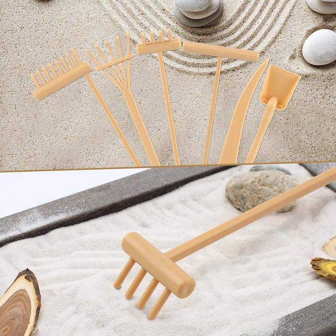 6 Pcs Mini Zen Garden Rake Tools, Miniature Tabletop Rock Zen Sand Rake Set with Pushing Drawing Pen 3 Small Rakes, Mini Sand Stamp Rakes, Meditation Rock Garden Accessories(Beige)