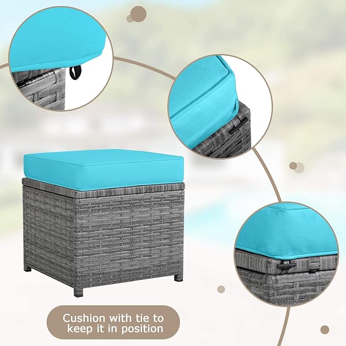 HAPPYGRILL 7 Pieces Rattan Wicker Patio Conversation Set, Outdoor Patio Furniture Set with Cushions, Rattan Sofa Set with Dining Table & Ottomans for Poolside Backyard Balcony Garden (Turquoise)