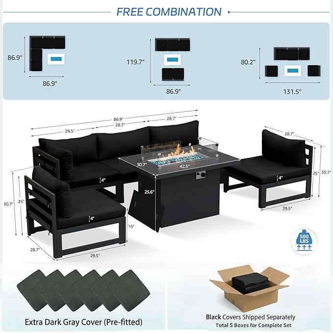 NICESOUL 6 Piece Modern Oversized Grey Aluminum Outdoor Patio Furniture Set with Fire Pit Table, 29" Deep Wide Seating Conversation Sofa, 500 lbs Heavy Duty Comfy Sectional Couch for Backyard, Black