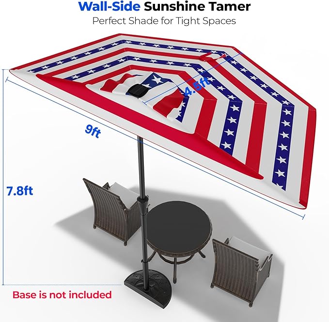 HOMSHADE 9FT Half Patio Umbrella with Solar LED Lights for Outdoor, Waterproof Half Umbrella for Small Spaces, Balcony, Deck(Fourth of July Stripes)