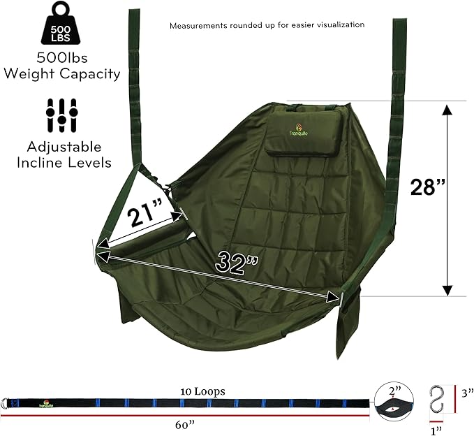 Tranquillo Hanging Hammock Chair, Patio Swing Chair, Outdoor Swing Chair with Headrest, Armrest, Cup Holders, Porch Swings Outdoor and Hammock Tree Straps, Net Moss Green