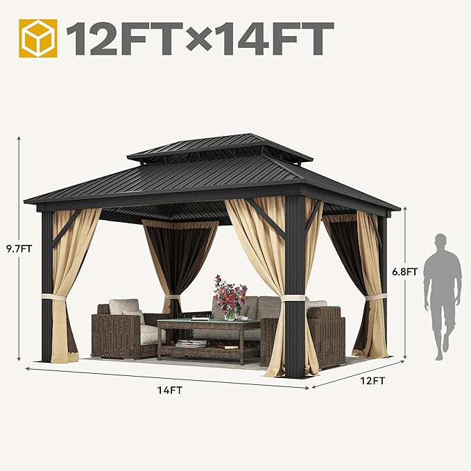DWVO 12x14ft Gazebo Double Roof Hardtop with Nettings and Curtains, Heavy Duty Galvanized Steel Outdoor Vertical Stripes Roof for Patio, Backyard, Deck, Lawns, Brown
