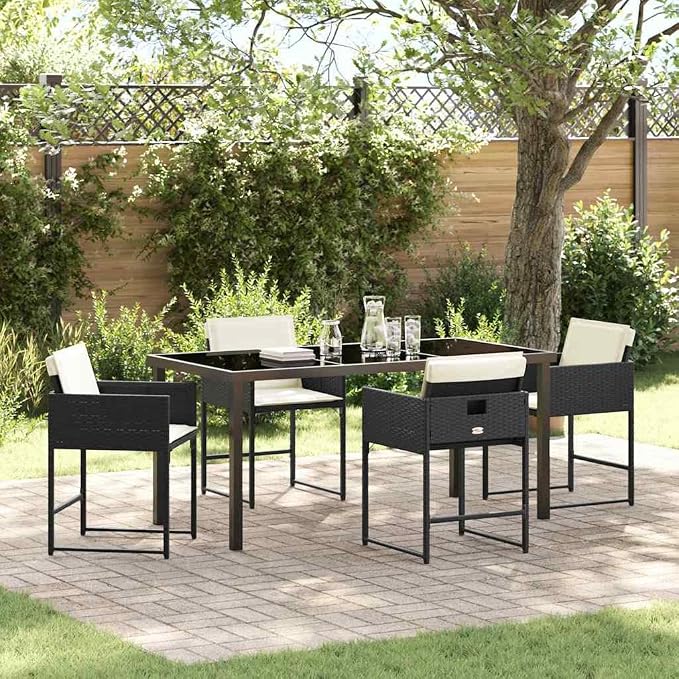 5 Piece Garden Dining Set, Black Poly Rattan Patio Furniture Table and 4 Chairs for Outdoor Backyard Deck Porch